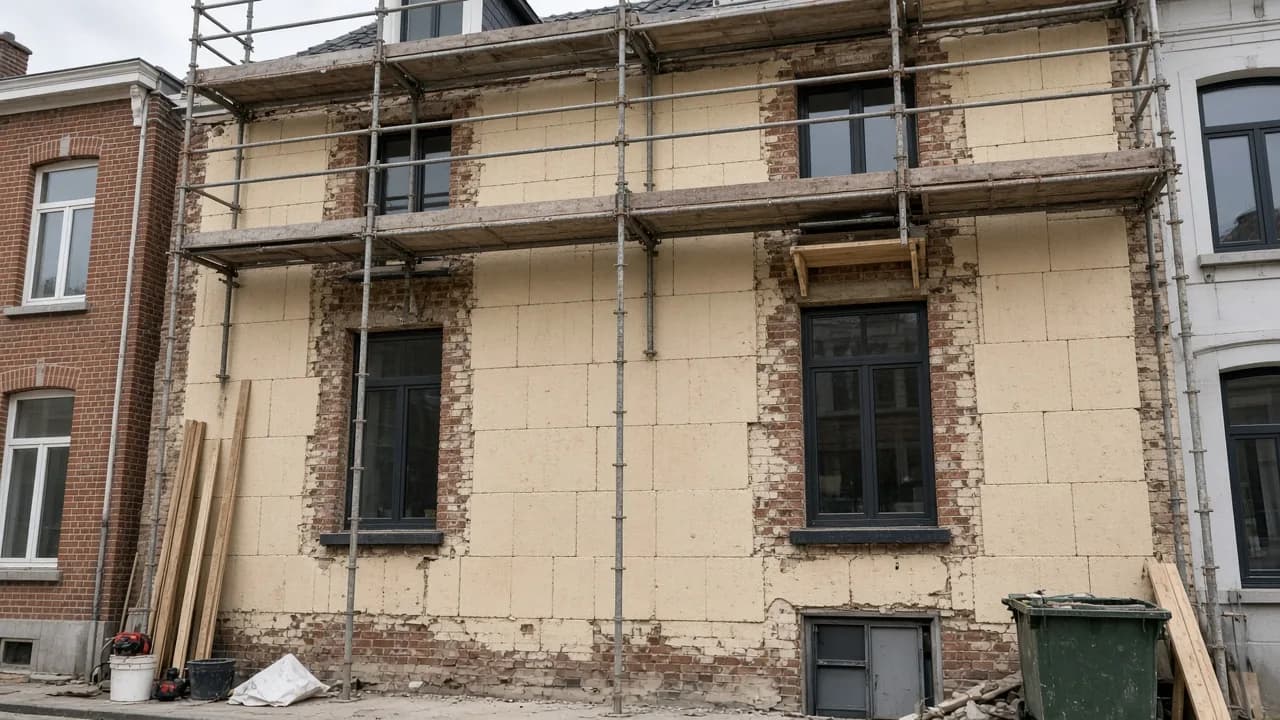 Façade en cours d'isolation, panneaux isolants posés