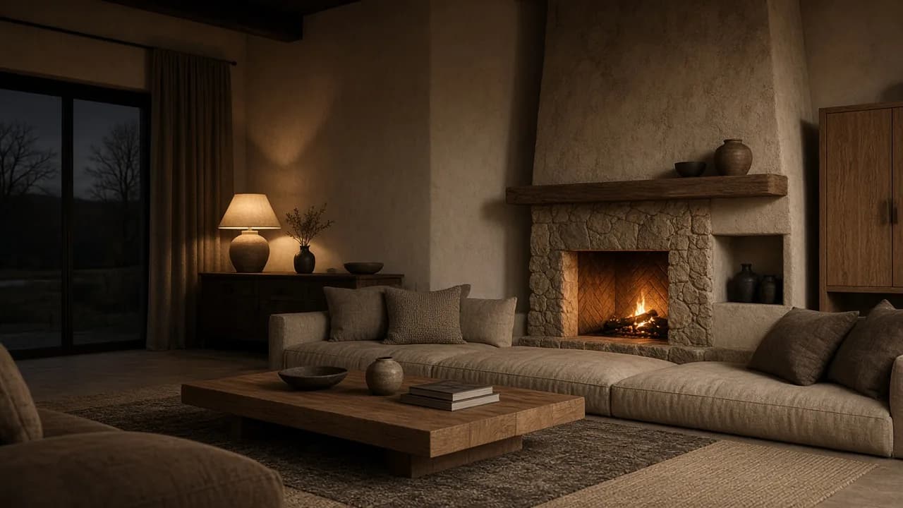 Intérieur confortable d'une maison isolée, bois et textiles